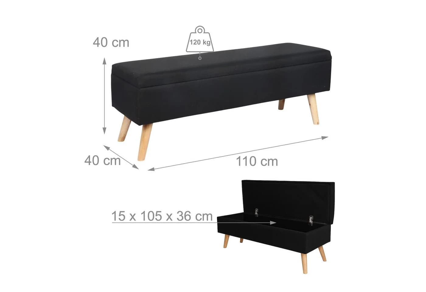 relaxdays Truhenbank Sitzbank mit Stauraum Leinenoptik Schwarz - Bild 4
