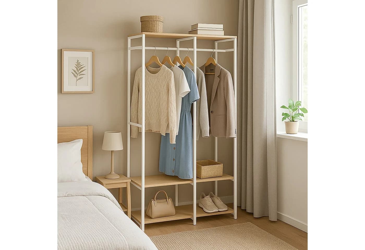 relaxdays Kleiderständer Garderobe offen Kleiderstangen & Ablagen Weiß-Hellbraun
