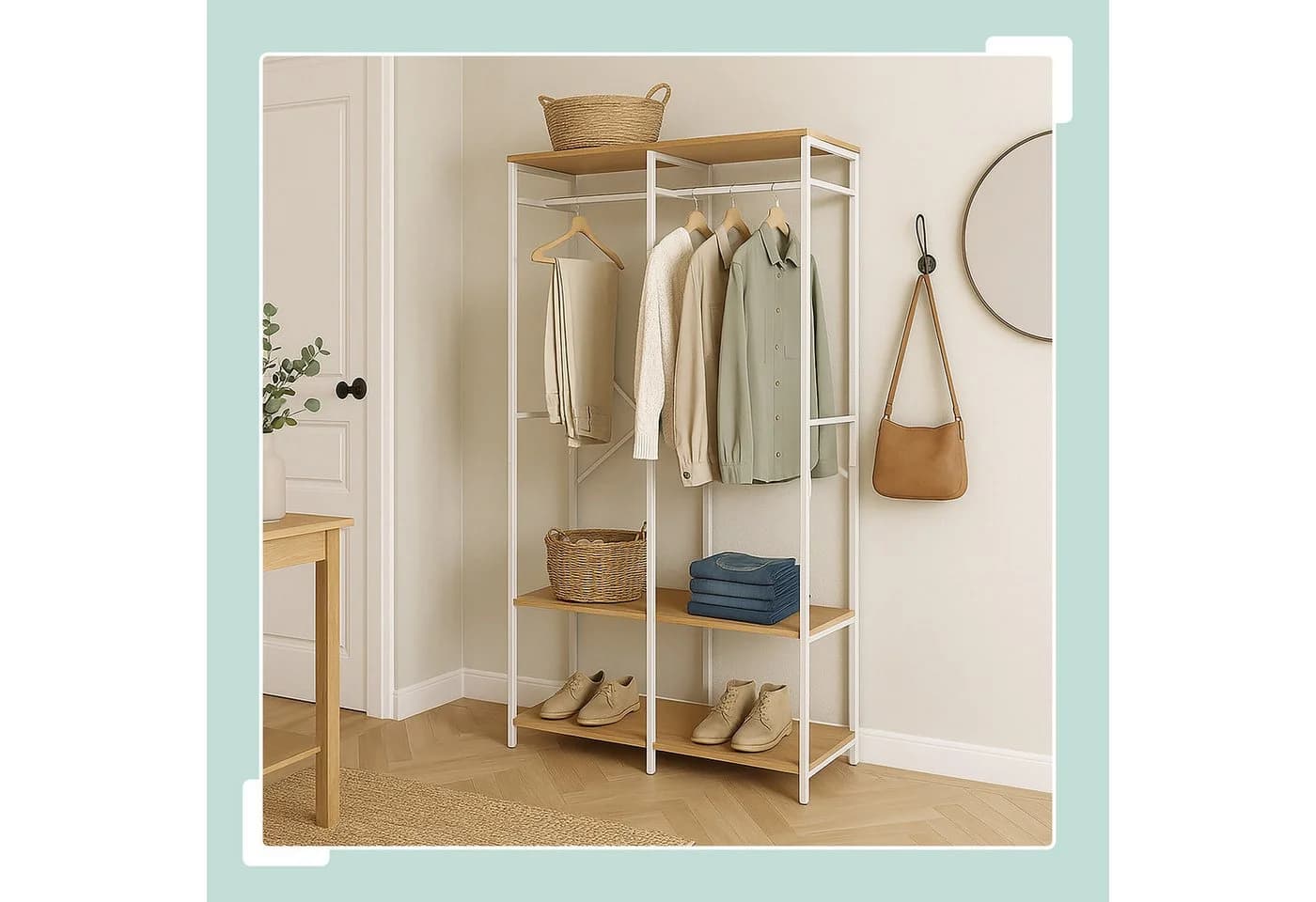 relaxdays Kleiderständer Garderobe offen Kleiderstangen & Ablagen Weiß-Hellbraun - Bild 3