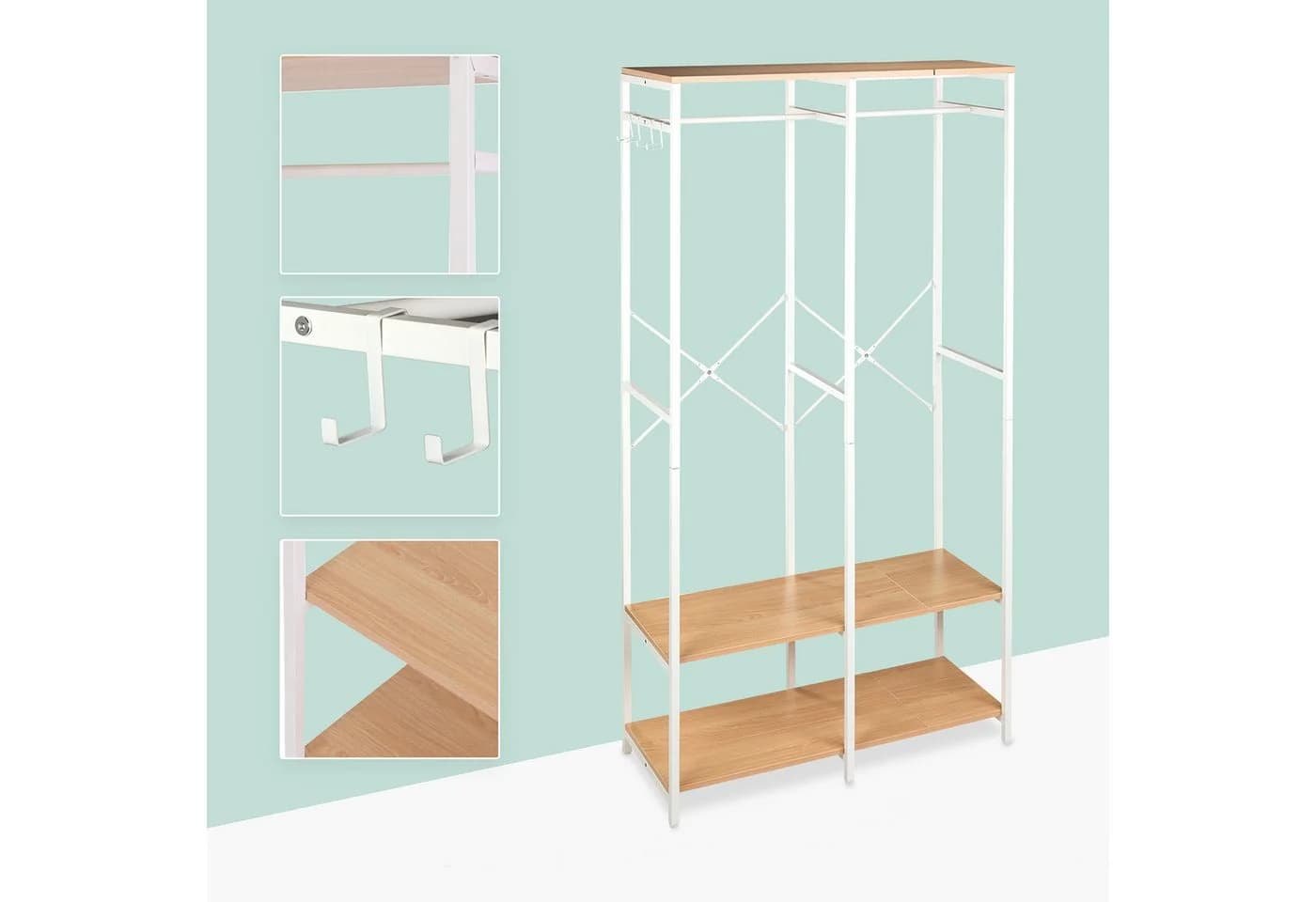 relaxdays Kleiderständer Garderobe offen Kleiderstangen & Ablagen Weiß-Hellbraun - Bild 5