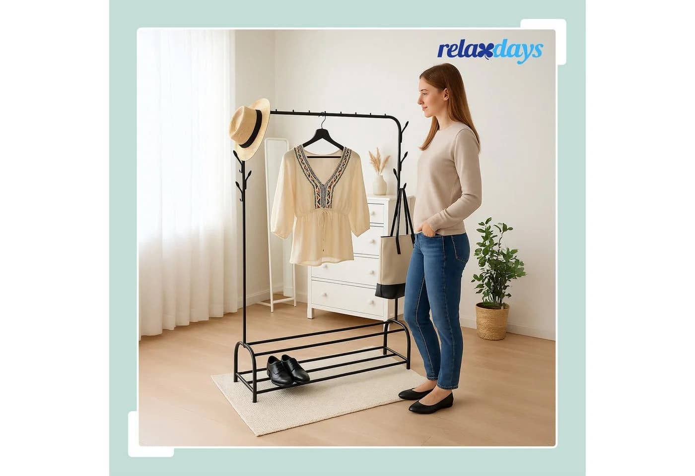 relaxdays Kleiderständer mit Ablage & Haken Schwarz - Bild 3