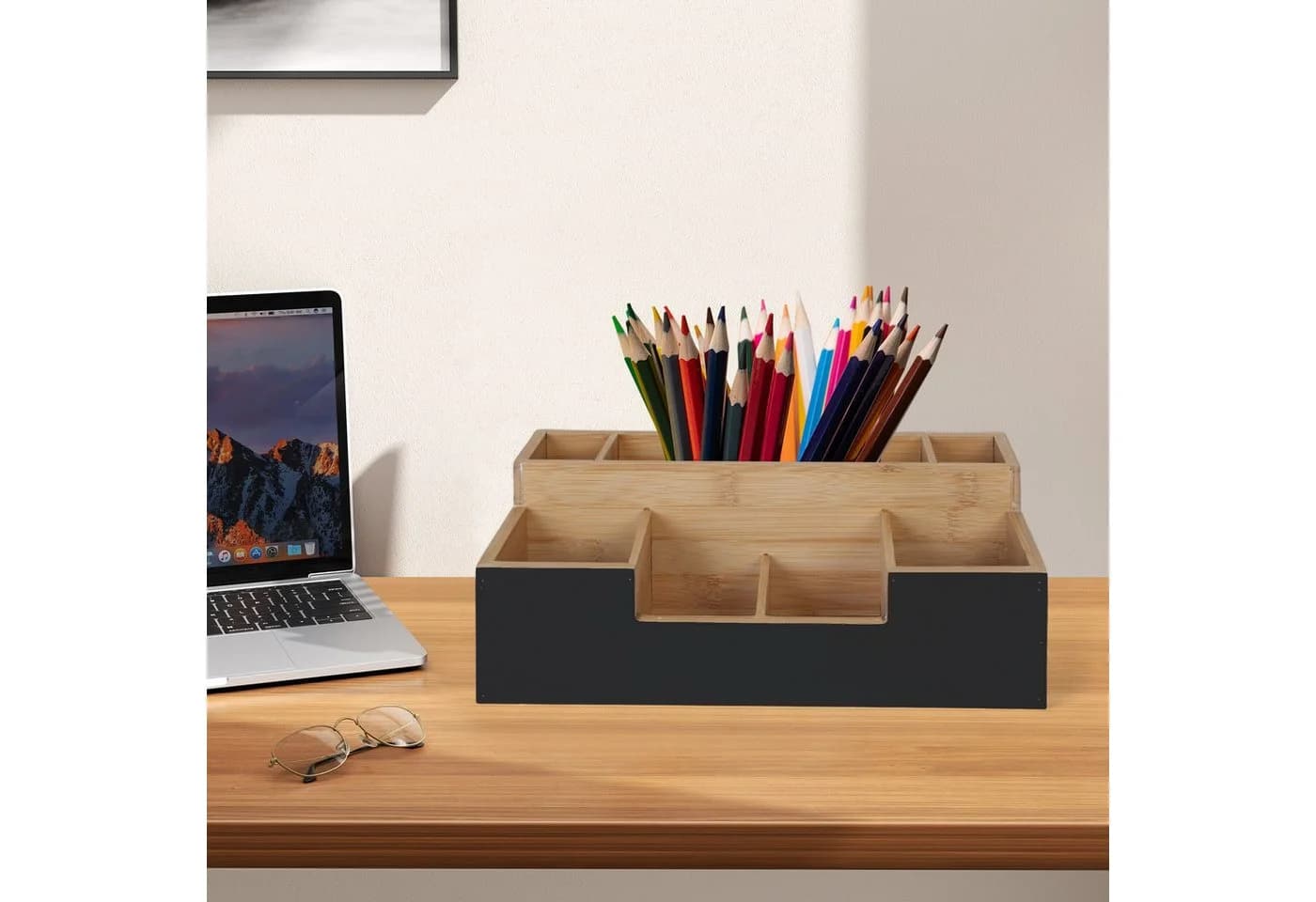 relaxdays Schreibtisch Organizer Bambus 7 Fächer Schwarz/Braun - Bild 5