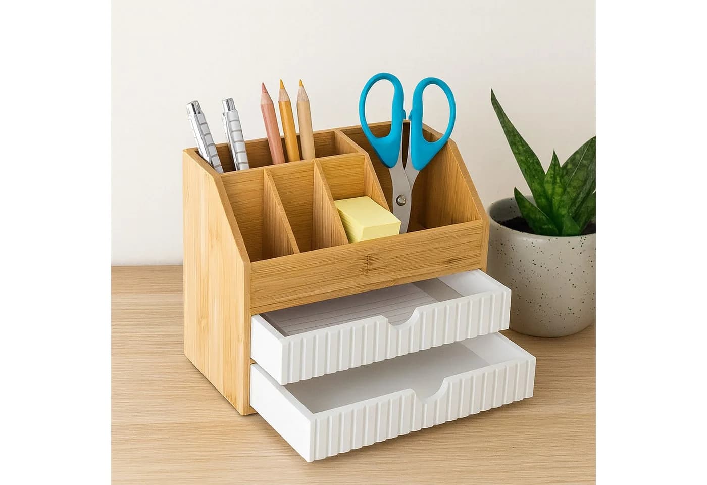 relaxdays Schreibtisch Organizer Bambus mit 2 Schubladen