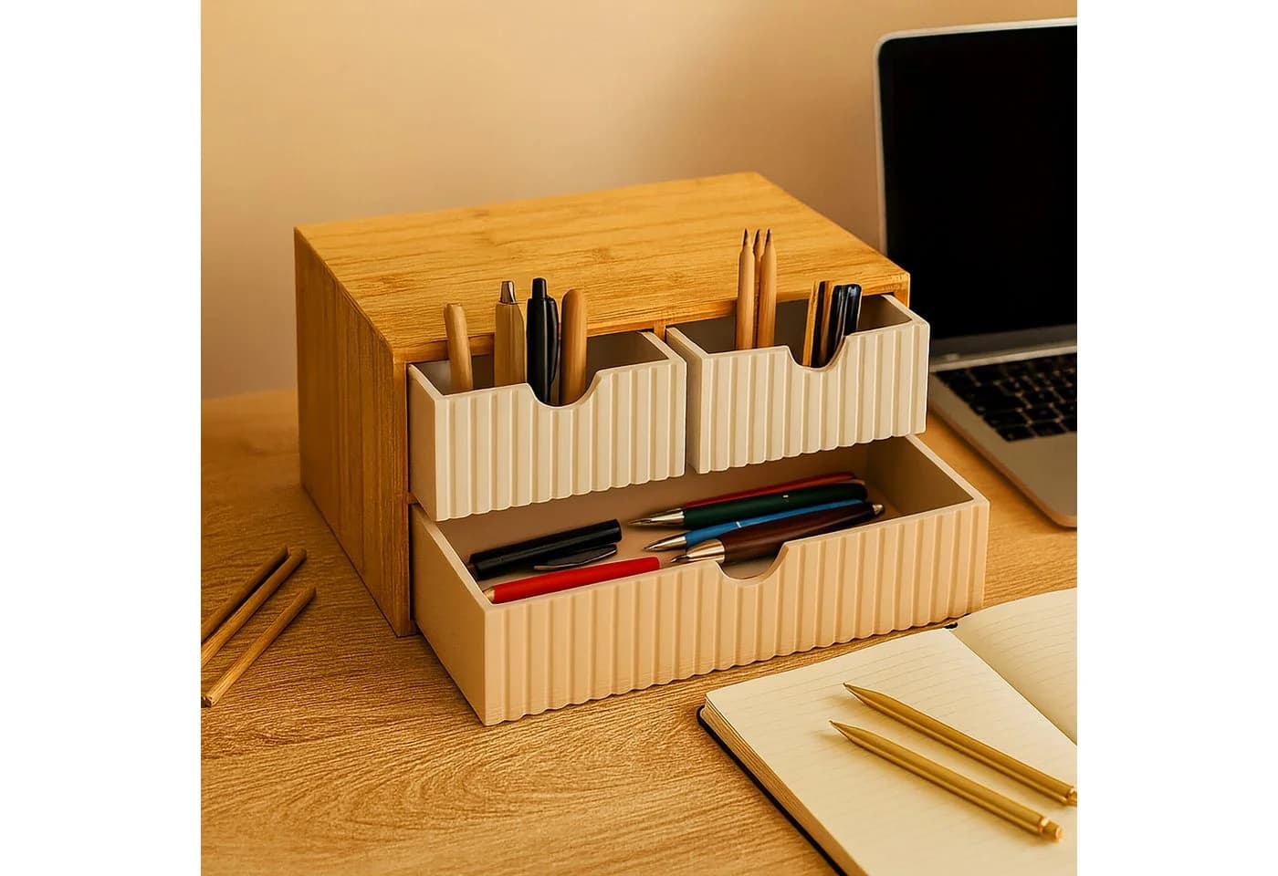 relaxdays Organizer Schubladenbox Bambus geriffelt Weiß-Rosa