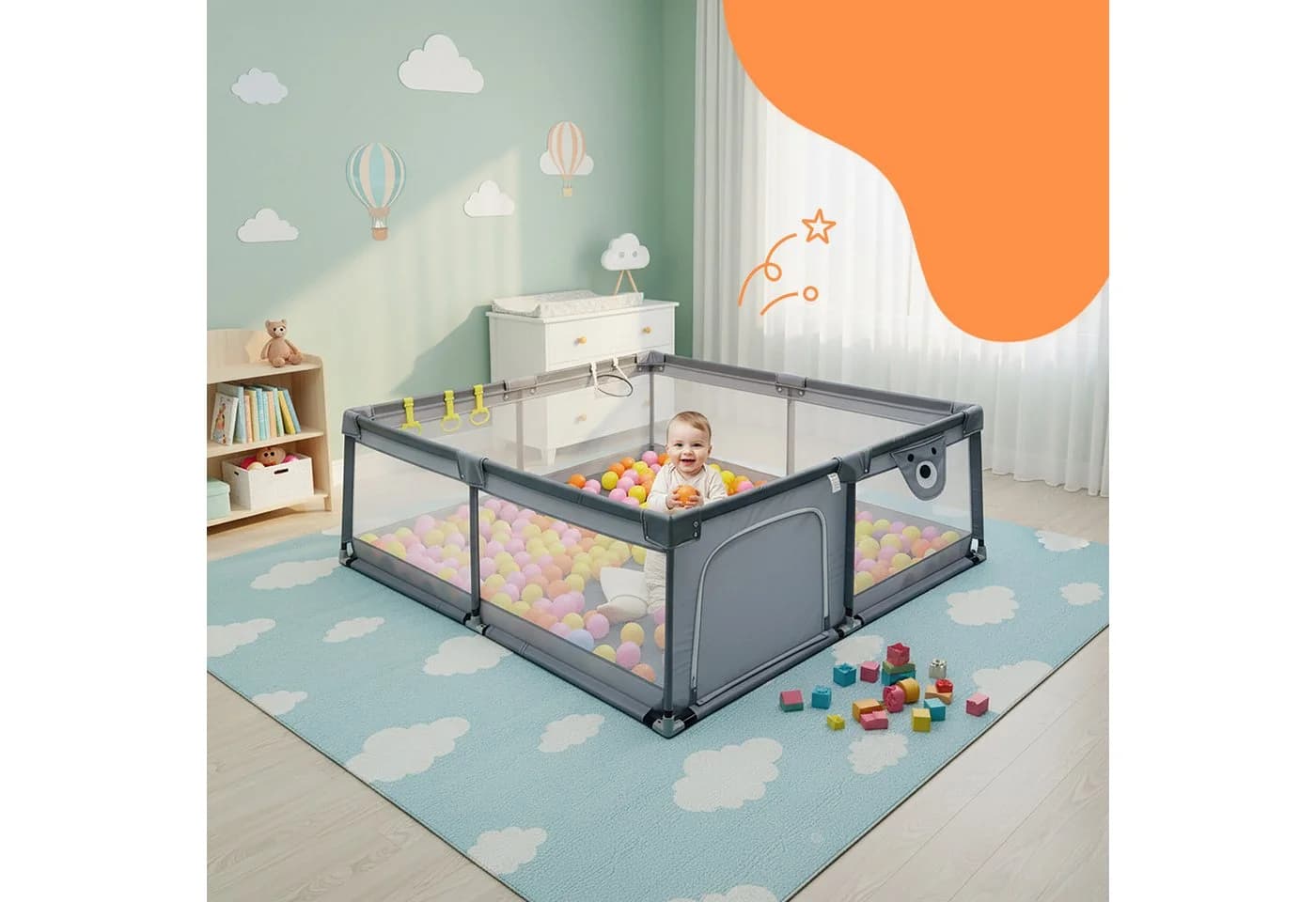 relaxdays Laufgitter Laufstall Baby Grau mit 50 Bällen