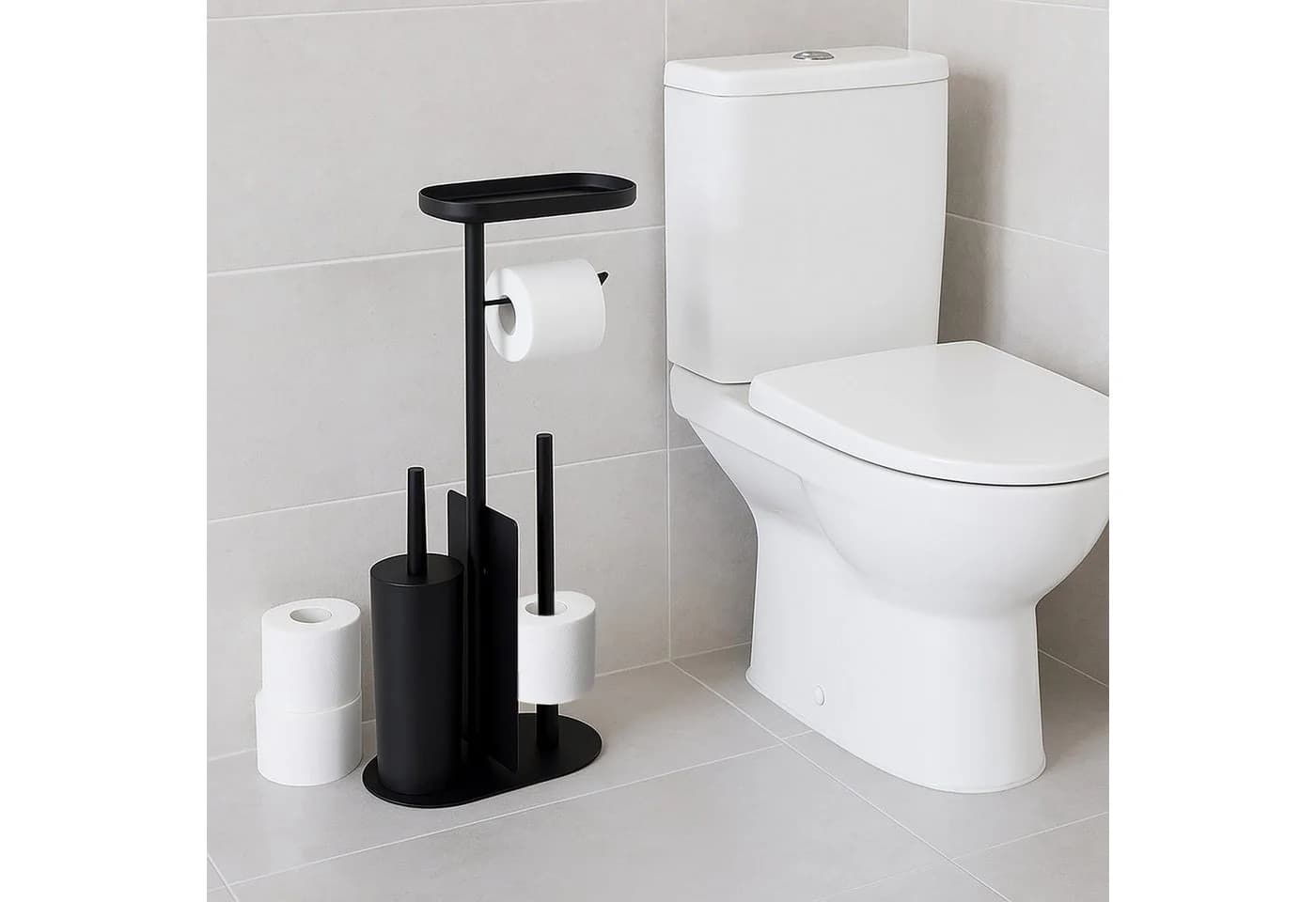 relaxdays WC-Garnitur Schwarz Metall mit Ablage & austauschbarem Bürstenkopf
