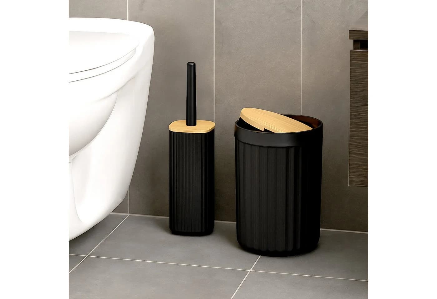 relaxdays Badaccessoire-Set 6-teilig Schwarz Bambus