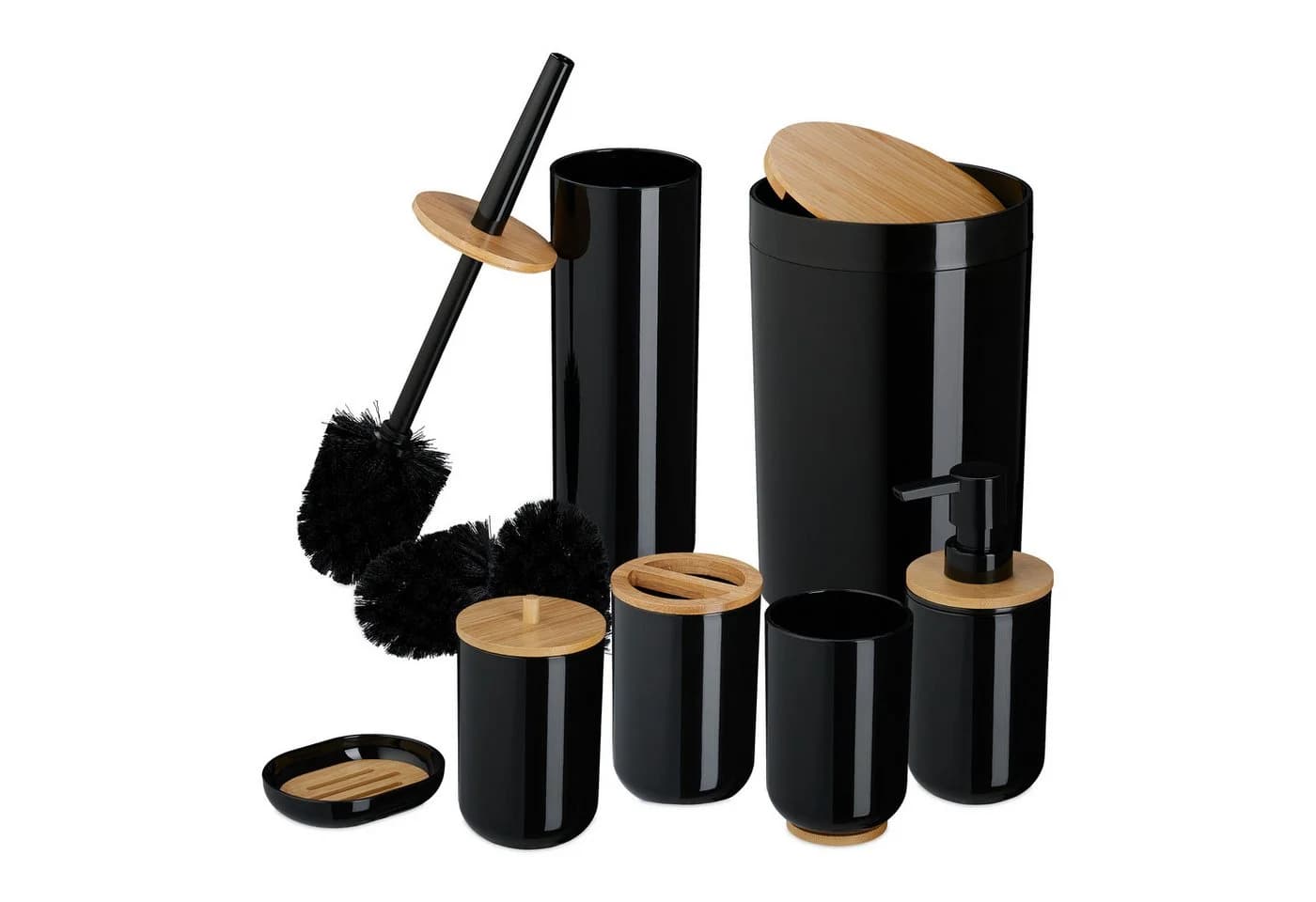 relaxdays Badaccessoire-Set 7-teilig Schwarz/Braun Kunststoff Bambus - Bild 2