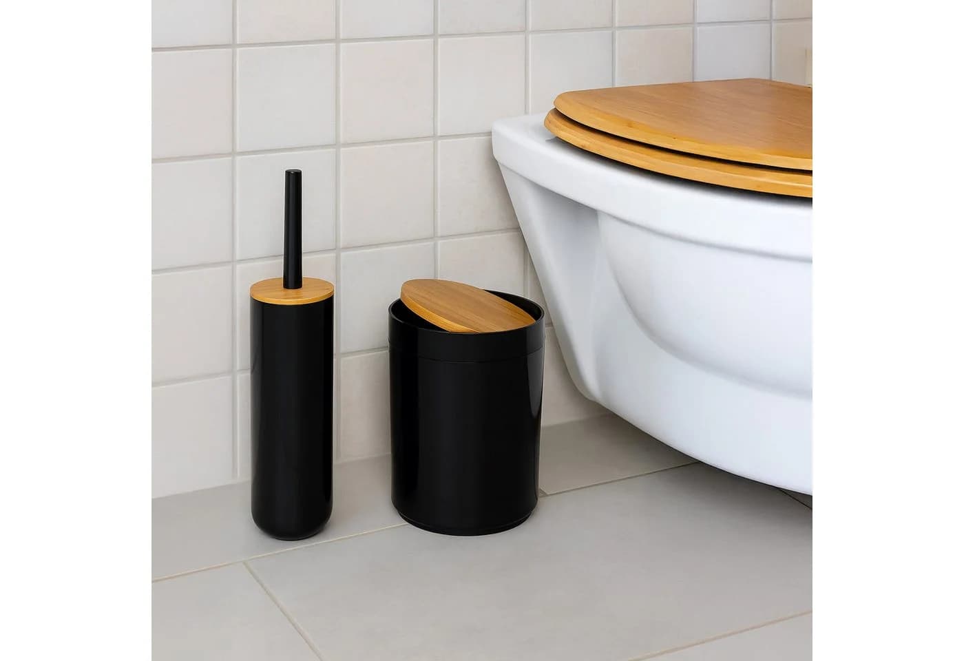 relaxdays Badaccessoire-Set 7-teilig Schwarz/Braun Kunststoff Bambus - Bild 3