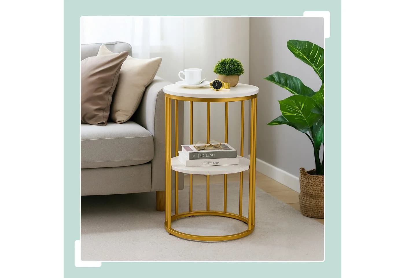 relaxdays Beistelltisch Marmoroptik Weiß/Gold Rundtisch