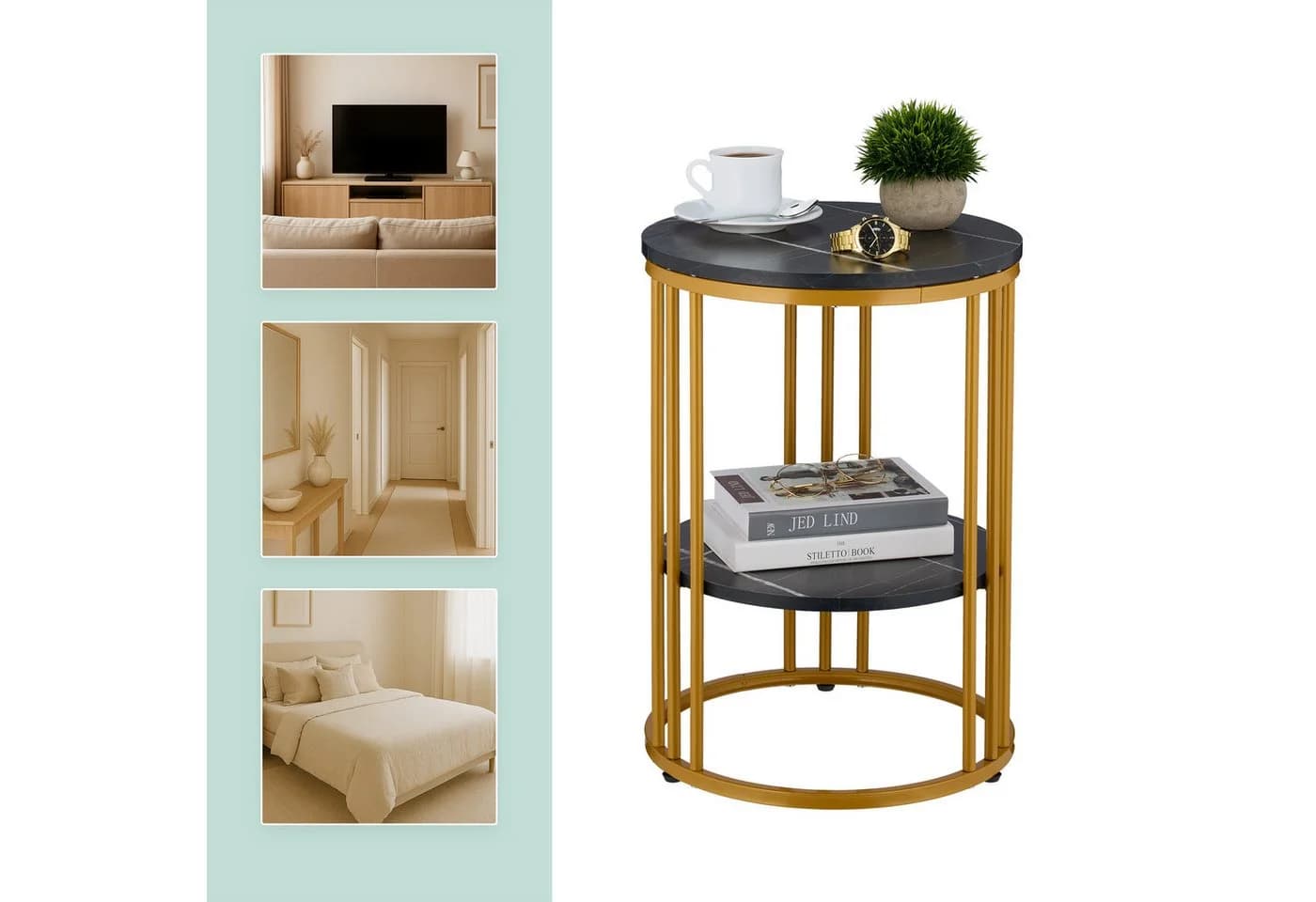 relaxdays Beistelltisch Marmoroptik Schwarz-Gold 2 Ebenen - Bild 5