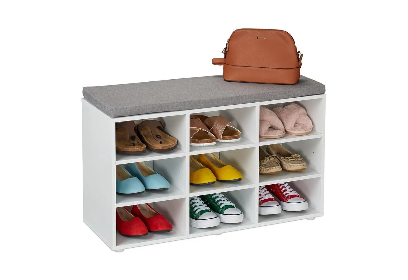 relaxdays Schuhbank mit gepolsterter Sitzfläche, 9 Fächer Weiß/Grau - Bild 2