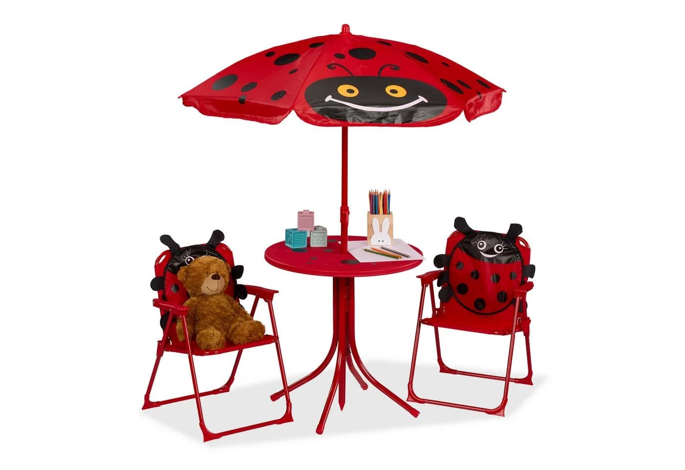 relaxdays Garten-Kindersitzgruppe mit Schirm, Marienkäfer Rot/Schwarz - Bild 2