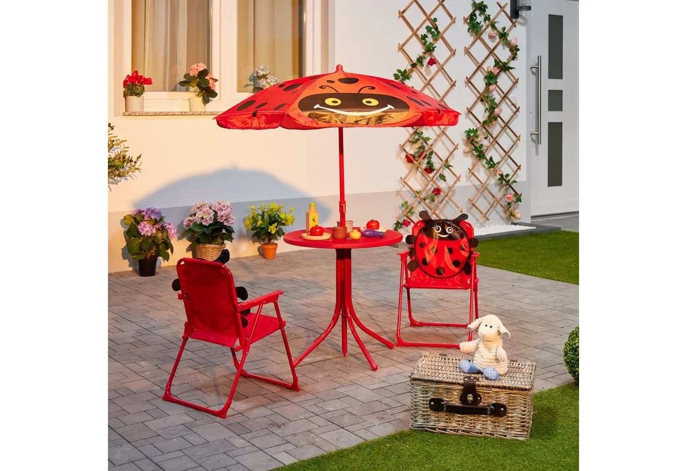 relaxdays Garten-Kindersitzgruppe mit Schirm, Marienkäfer Rot/Schwarz - Bild 3
