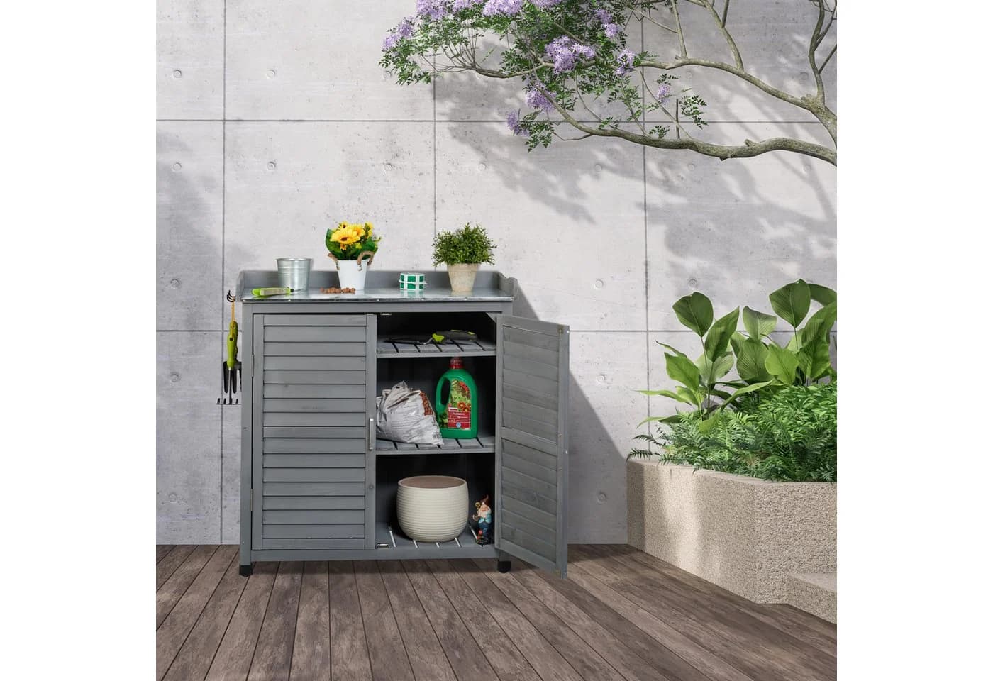 relaxdays Pflanztisch mit Unterschrank grau - Gartenwerkbank