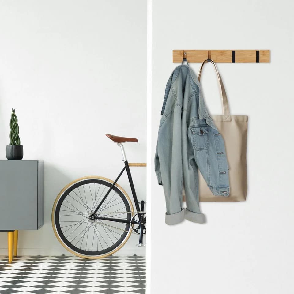 relaxdays Wandgarderobe mit klappbaren Haken 4er Set Bambus Schwarz