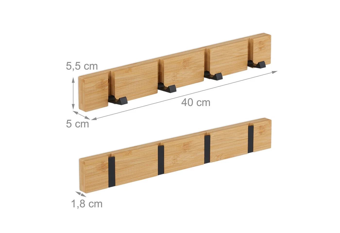 relaxdays Wandgarderobe mit klappbaren Haken 4er Set Bambus Schwarz - Bild 4