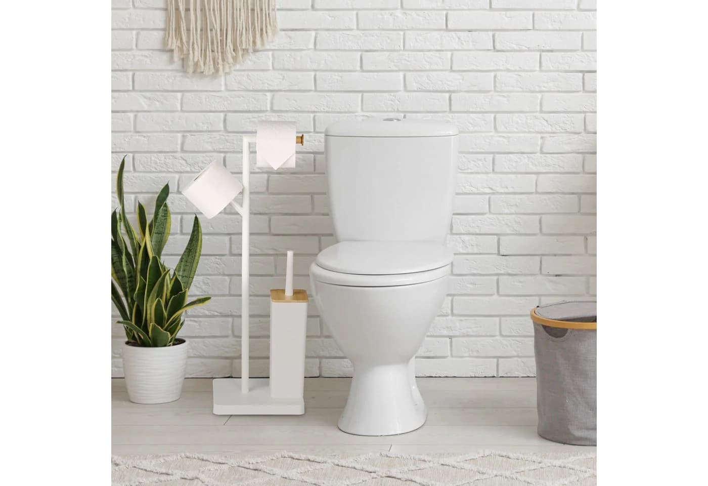 relaxdays WC-Garnitur Bambus & Edelstahl weiß freistehend