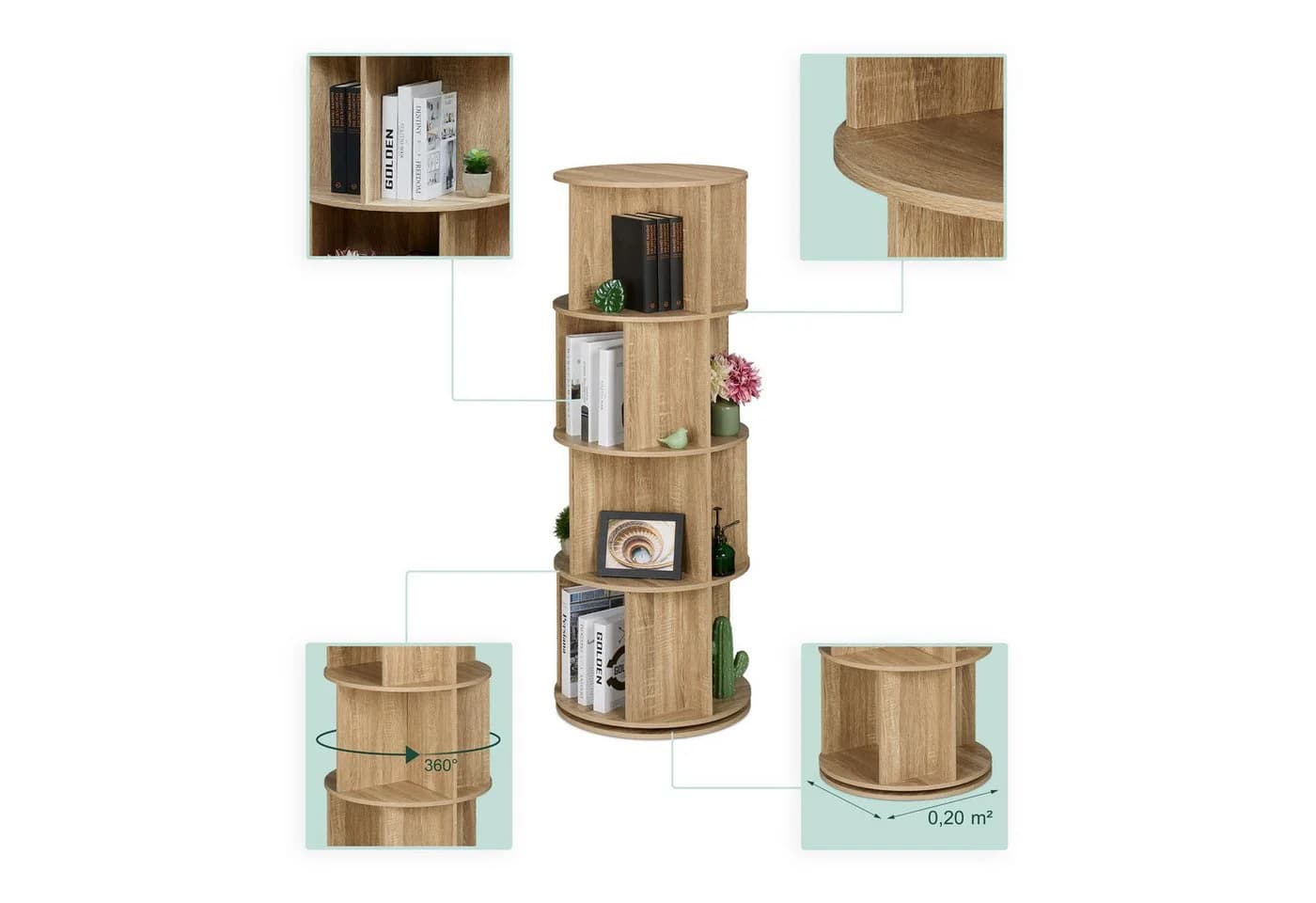 relaxdays Drehbares Bücherregal 4 Ebenen Natur Holzoptik - Bild 5