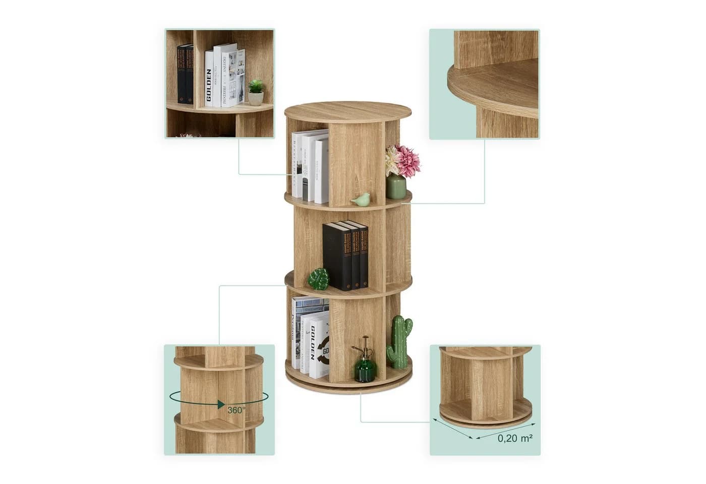 relaxdays Drehbares Bücherregal 3 Ebenen Natur Holzoptik - Bild 5