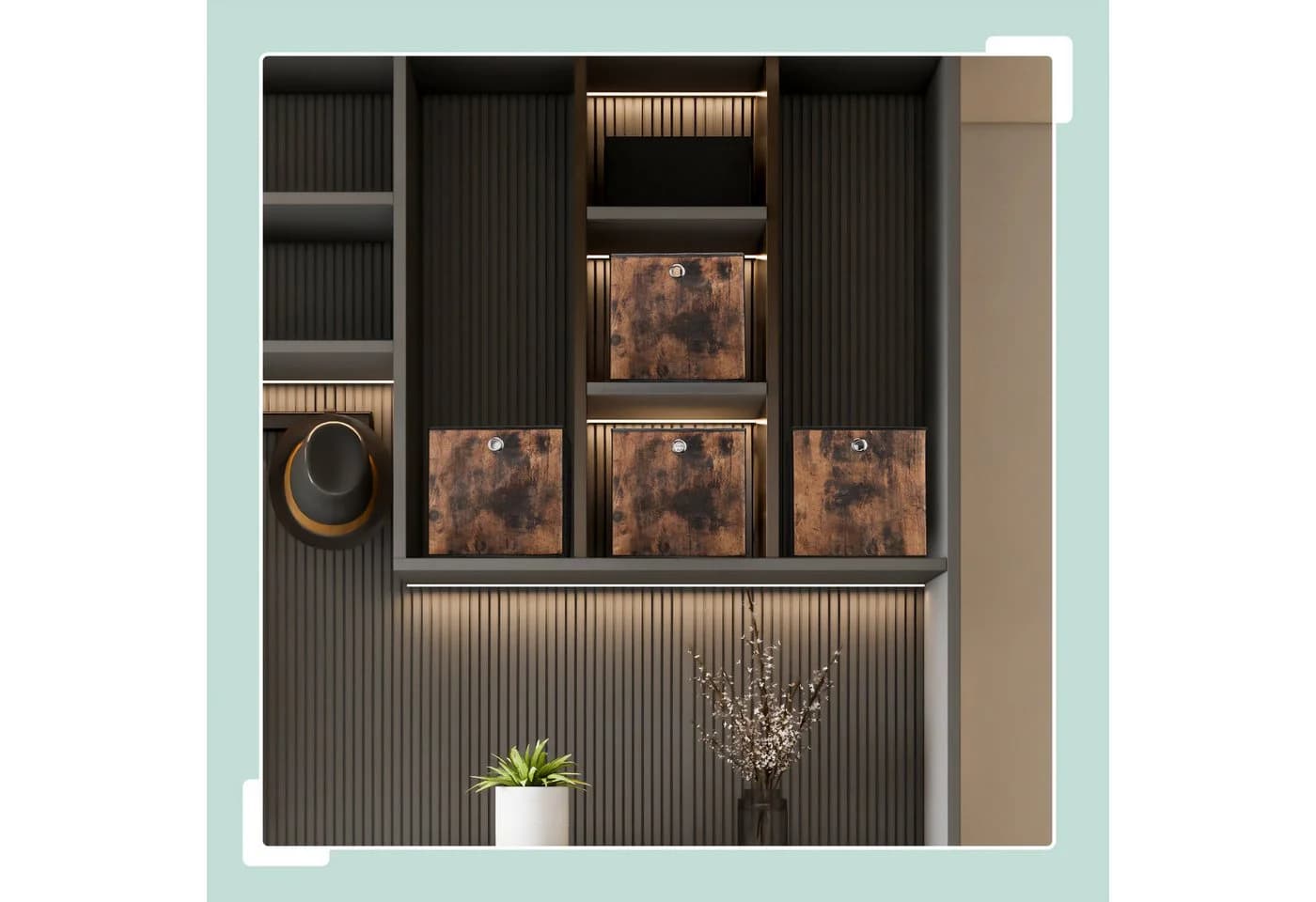 relaxdays Aufbewahrungsbox Stoff 6er Set Schwarz Braun Holzoptik L