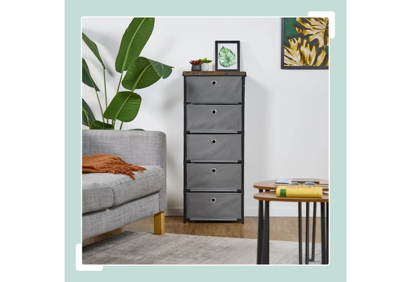 relaxdays Kommode 5 Fächer Holzoptik Grau Stoffschubladen