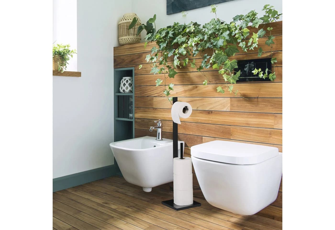 relaxdays Toilettenpapierhalter 5 Rollen Industrial Schwarz Bambus MDF - Bild 3