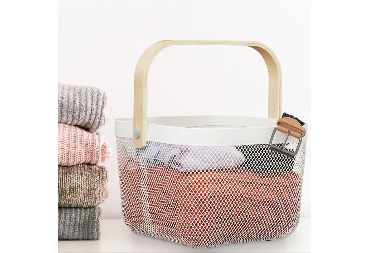 relaxdays Aufbewahrungskorb Drahtkorb mit Henkel im 2er Set Weiß/Braun