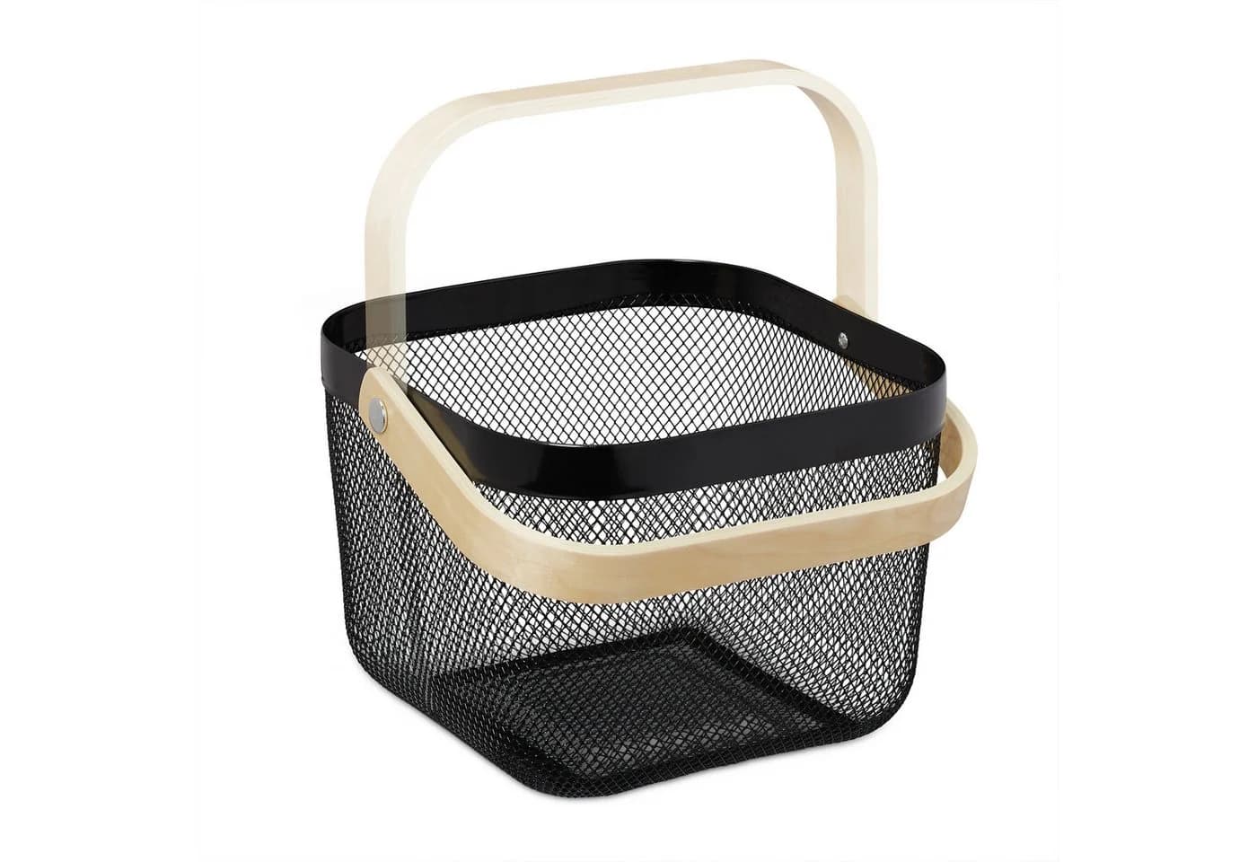 relaxdays Aufbewahrungskorb Drahtkorb 2er Set Schwarz mit Bambus Henkel - Bild 5