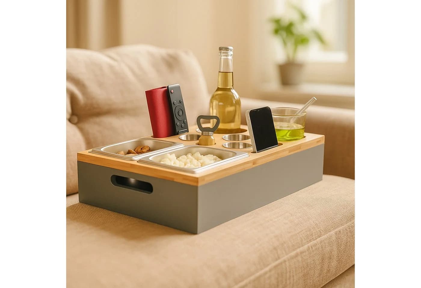 relaxdays Couchbar Tabletttisch mit Zubehör Bambus Grau - Bild 3