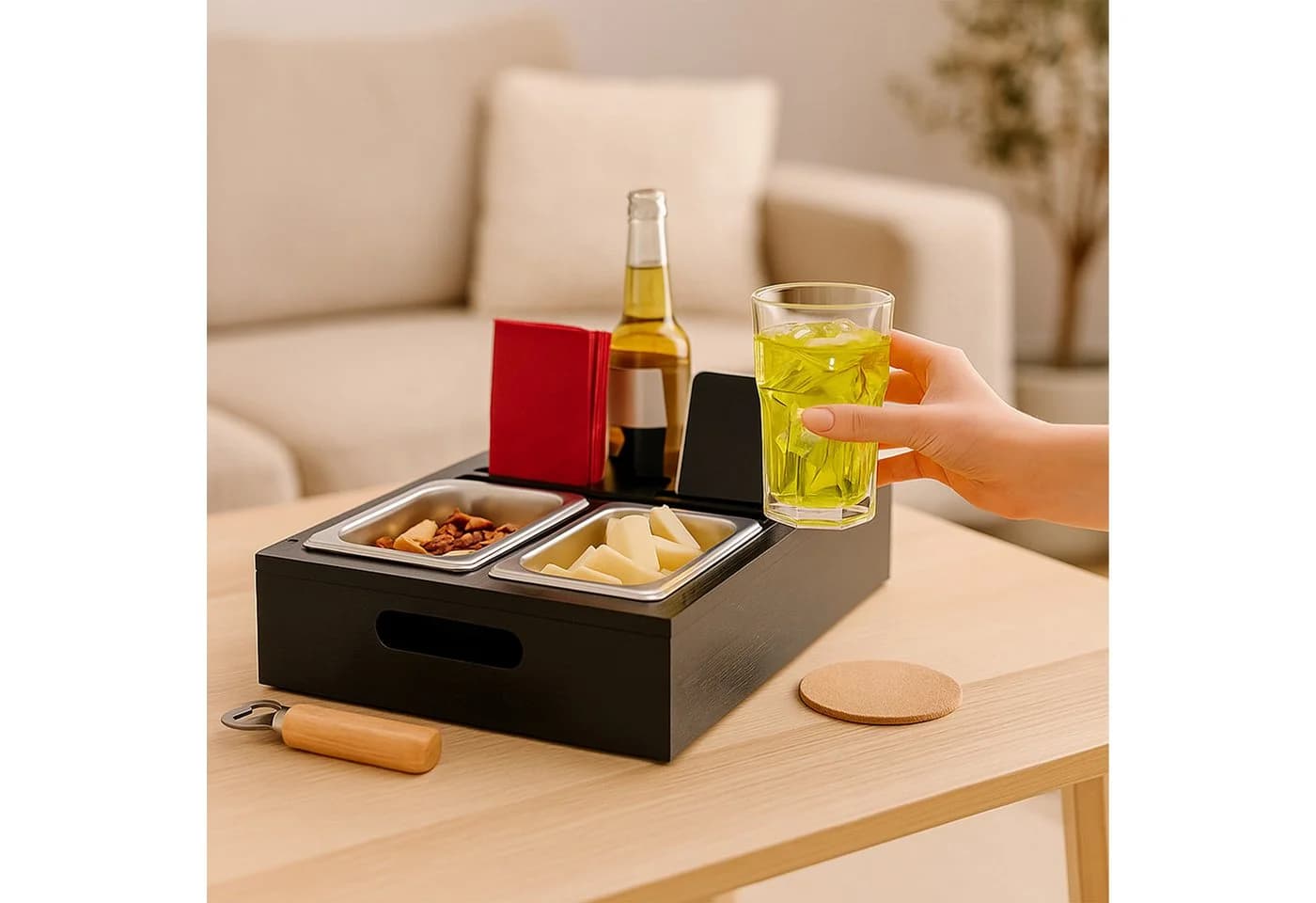relaxdays Tabletttisch Couchbar mit Snackschalen schwarz