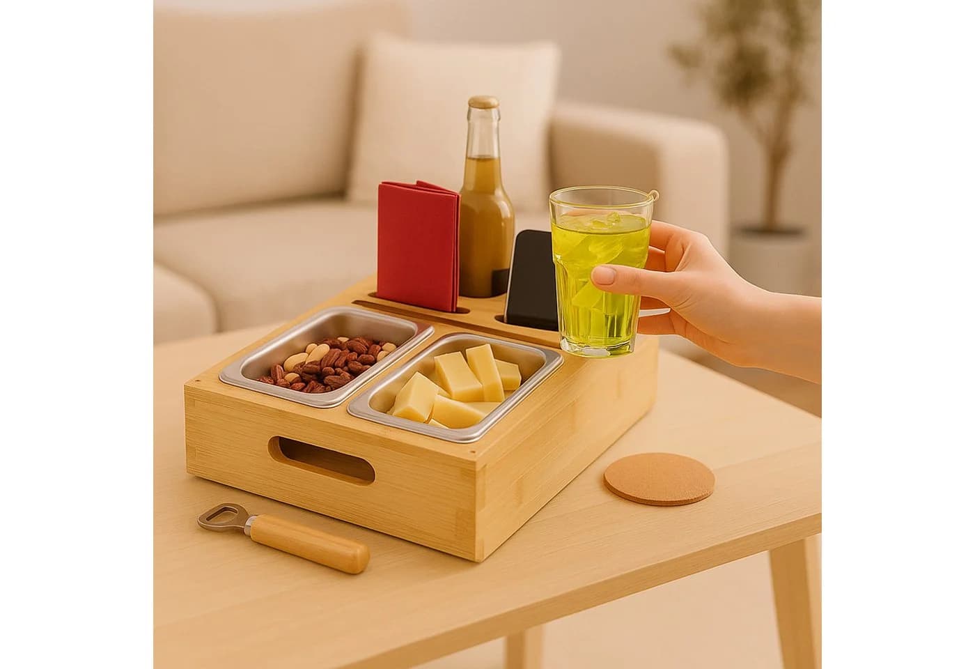 relaxdays Couchbar Tabletttisch Bambus mit Snackschalen & Getränkehaltern