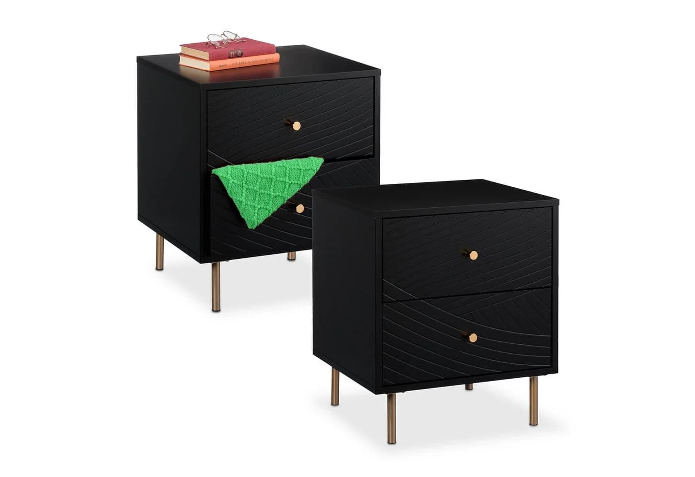 relaxdays Nachttisch 2er Pack mit 2 Schubladen, Schwarz/Gold - Bild 2