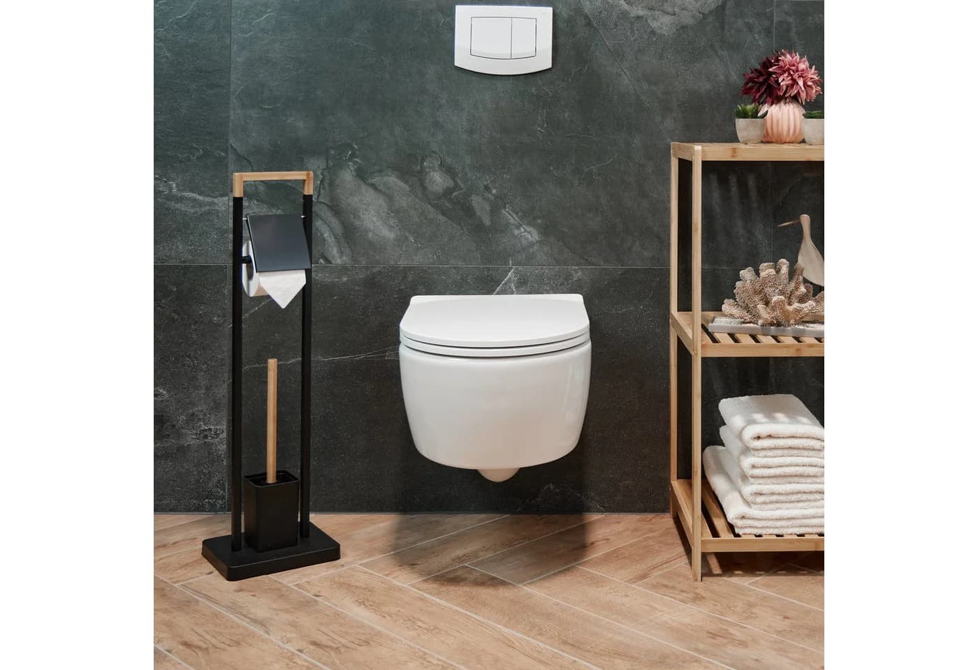 relaxdays WC-Garnitur Bambus & Edelstahl Schwarz Freistehend - Bild 5