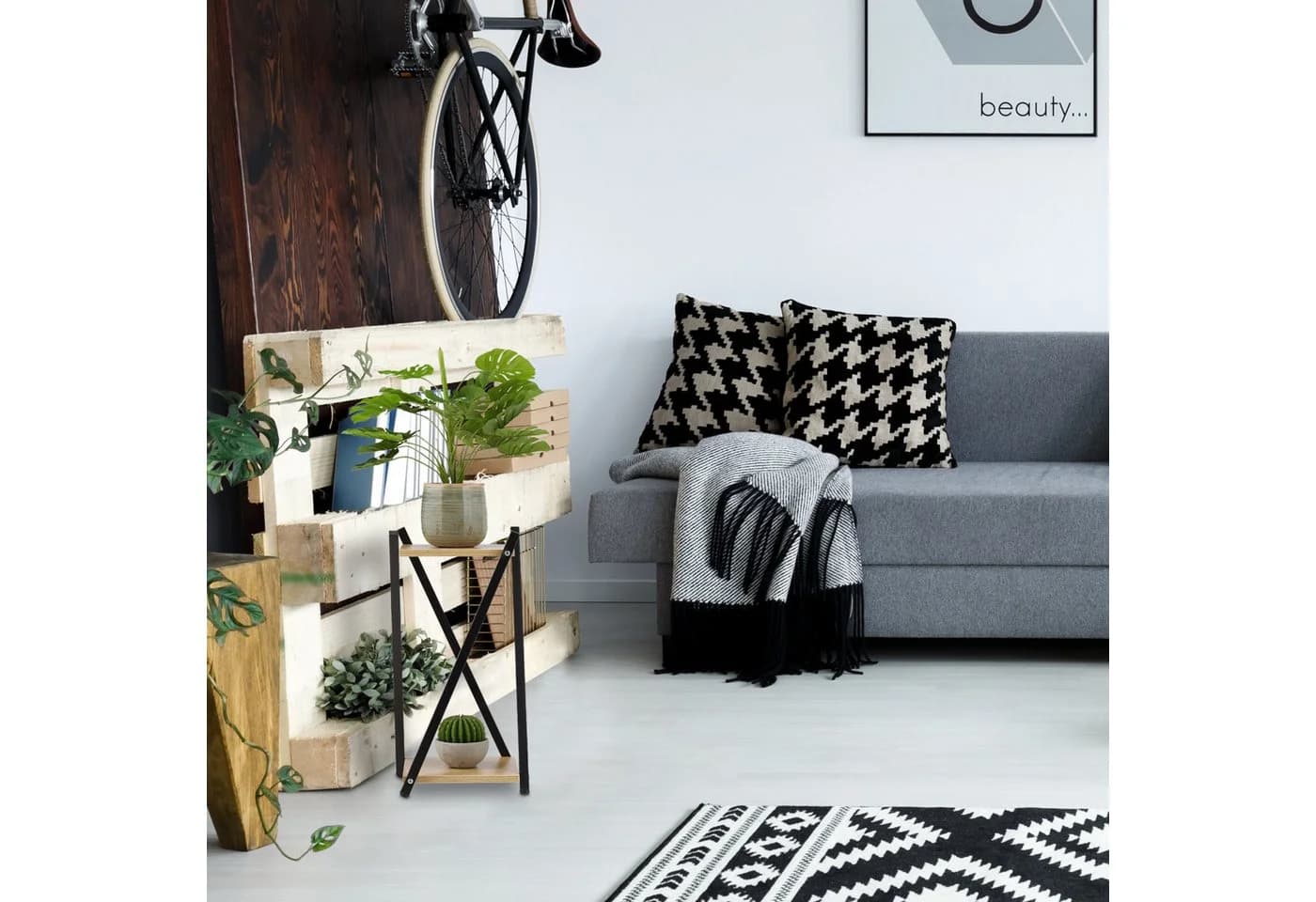 relaxdays Blumenständer 2 Ebenen Hellbraun Schwarz X-Design
