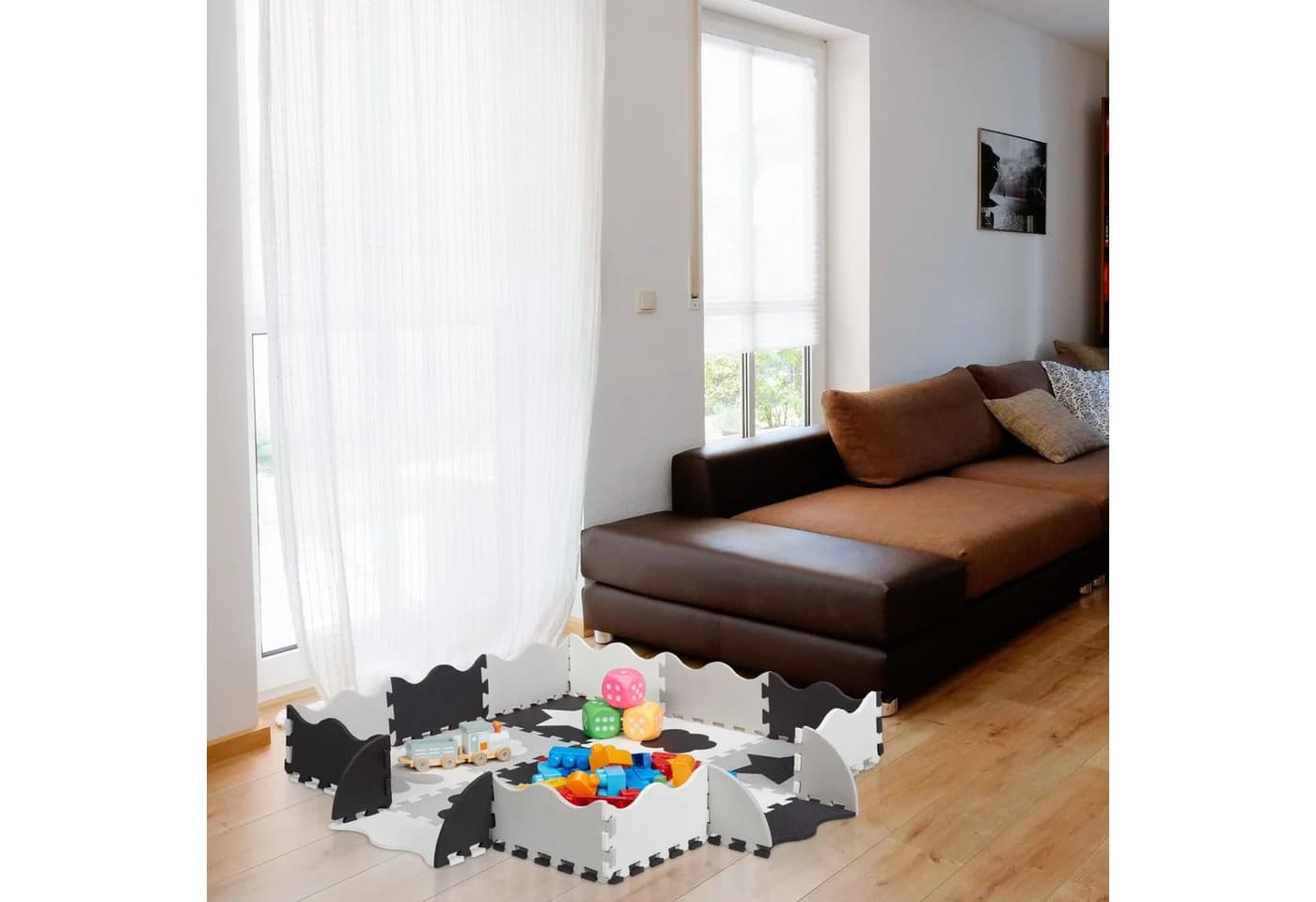 relaxdays Spielmatte 34-tlg. Puzzlematte mit Rand und Motiven Grau