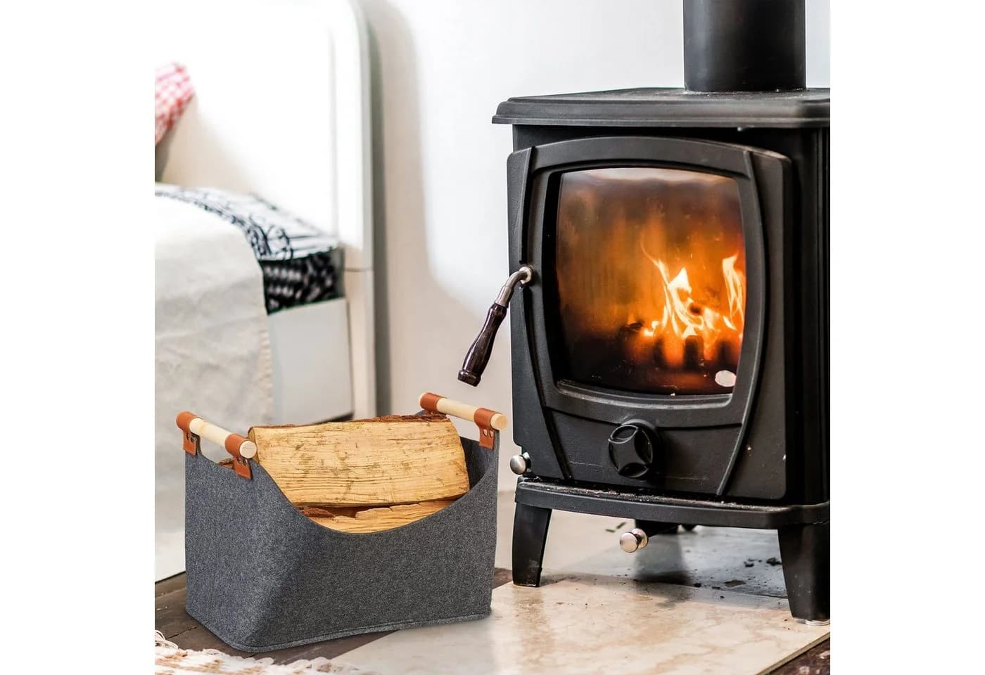 relaxdays Aufbewahrungskorb Filztasche mit Holzgriffen Dunkelgrau