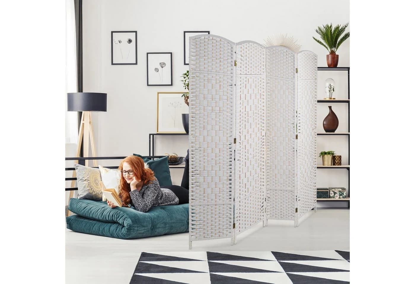 relaxdays Paravent Raumteiler 4-teilig Weiß Holz Papierseil