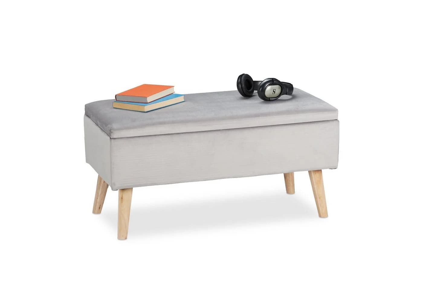 relaxdays Sitzbank Samt mit Stauraum Hellgrau Eukalyptus - Bild 2