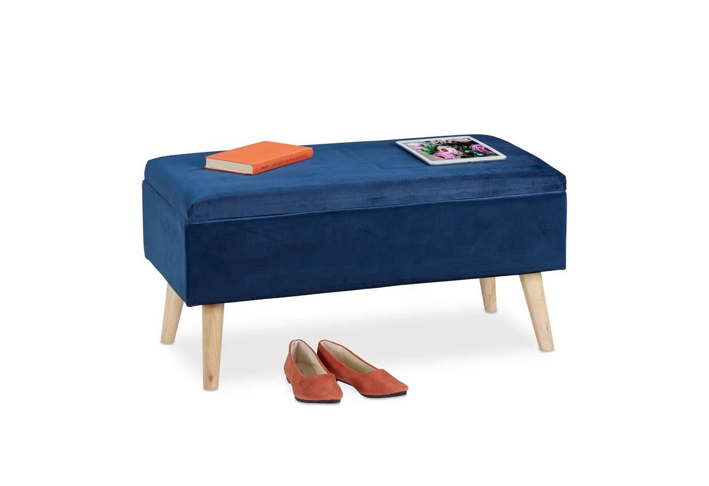 relaxdays Sitzbank Samt mit Stauraum Dunkelblau - Bild 2