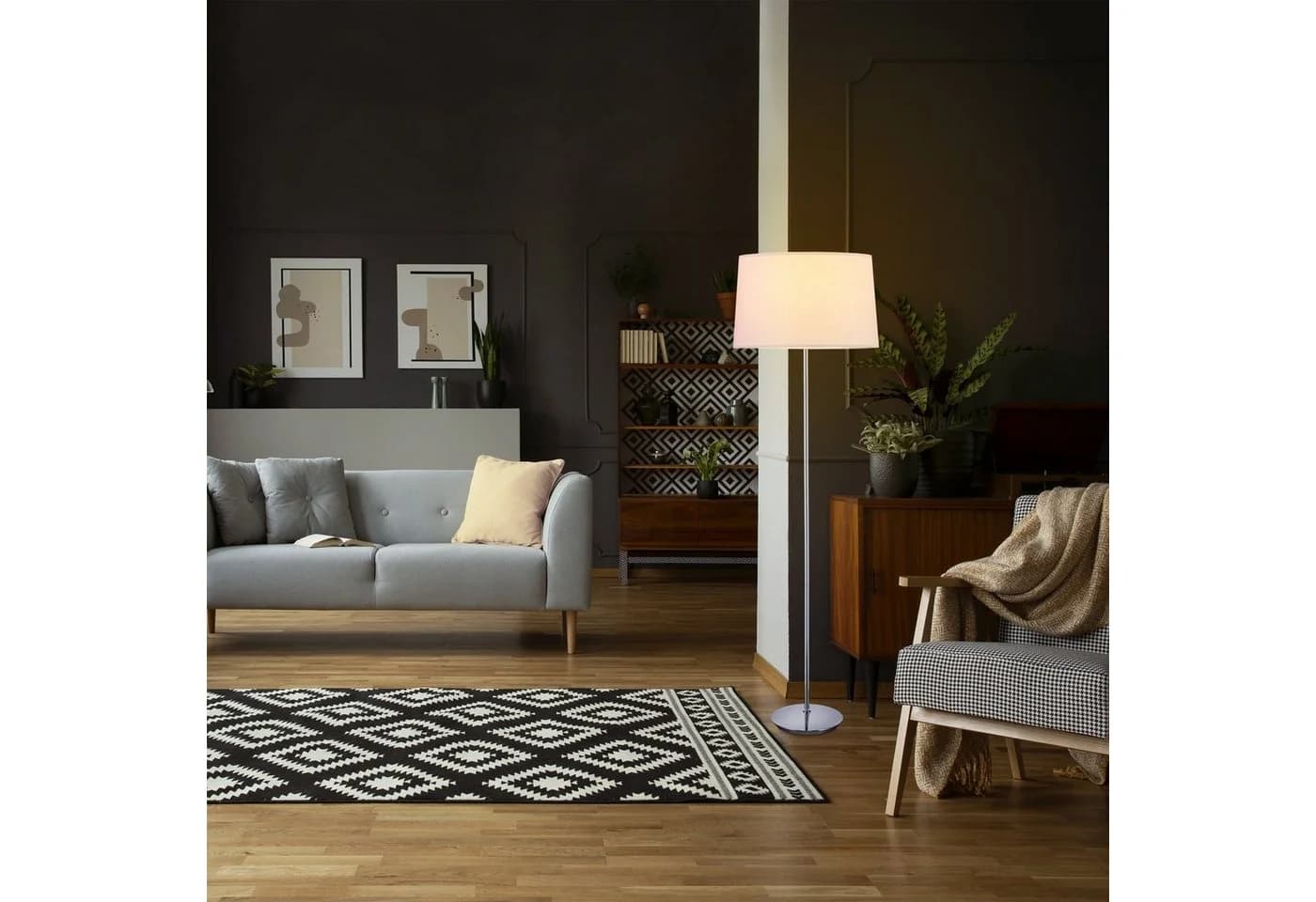 relaxdays Stehlampe mit Stoffschirm Lila Silber Chrom-Fuß