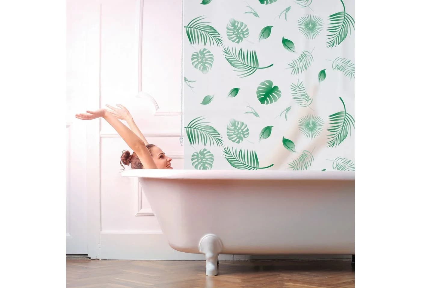 relaxdays Duschrollo Blätter Grün Wasserabweisend Seilzug