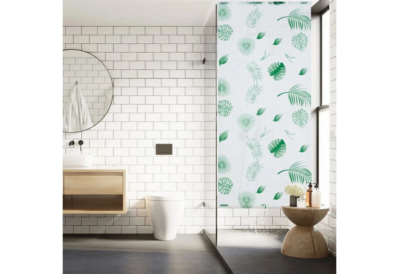 relaxdays Duschrollo Blätter Grün Wasserabweisend Seilzug - Bild 5