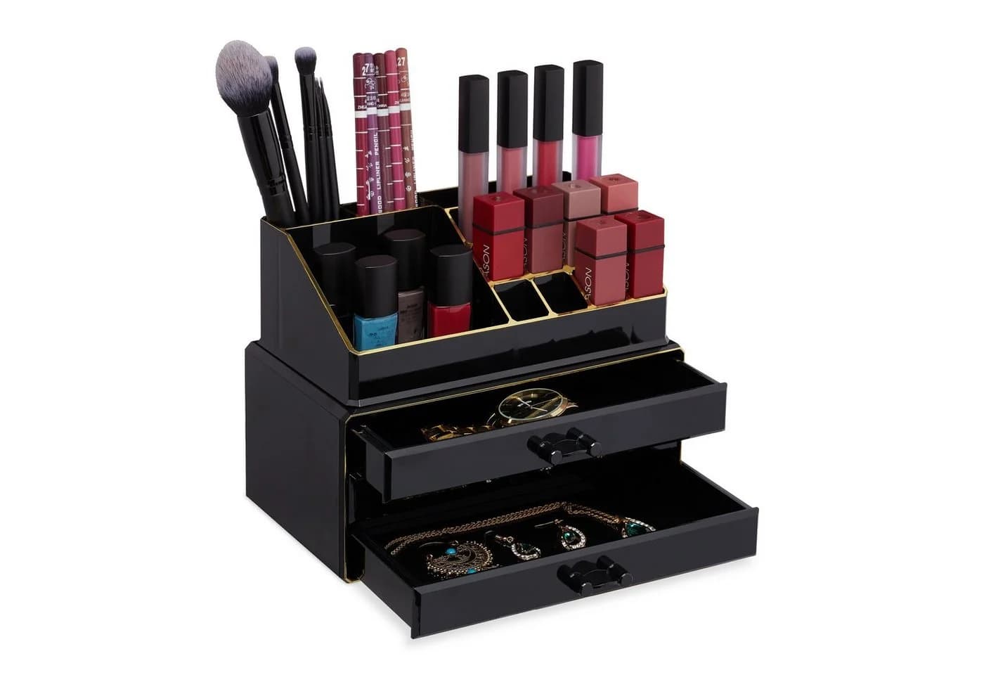 relaxdays Make-Up Organizer 3 Schubladen Schwarz-Gold - Bild 2