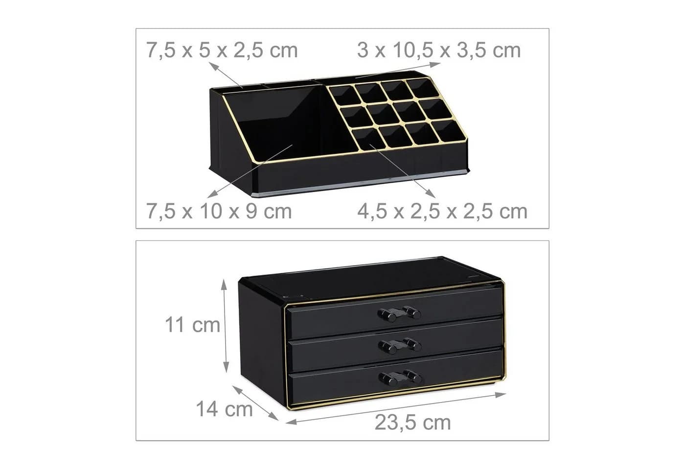 relaxdays Make-Up Organizer 3 Schubladen Schwarz-Gold - Bild 5