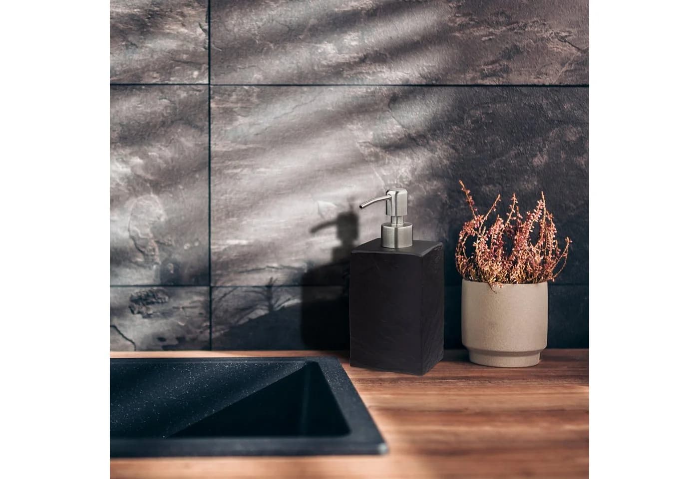 relaxdays Seifenspender Steinoptik eckig Schwarz Silber