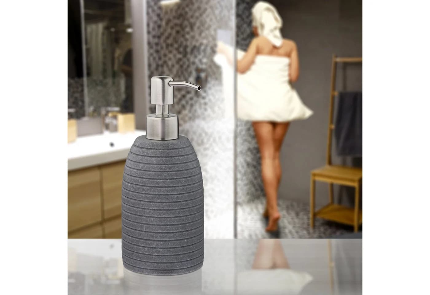 relaxdays Seifenspender Edelstahlpumpe Rille Grau Silber