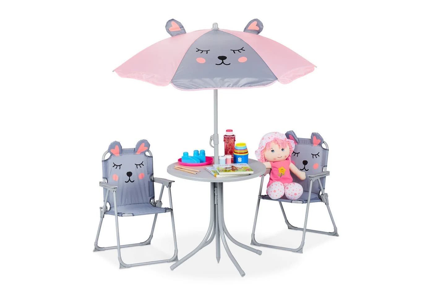 relaxdays Kindersitzgruppe mit Schirm Grau Rosa - Bild 2