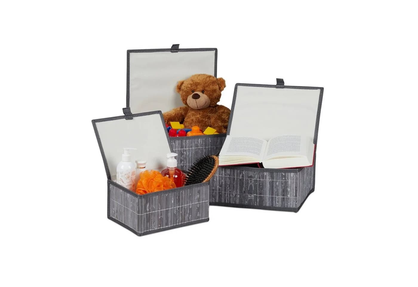 relaxdays Aufbewahrungskorb 3er Set Grau Bambus mit Deckel - Bild 2