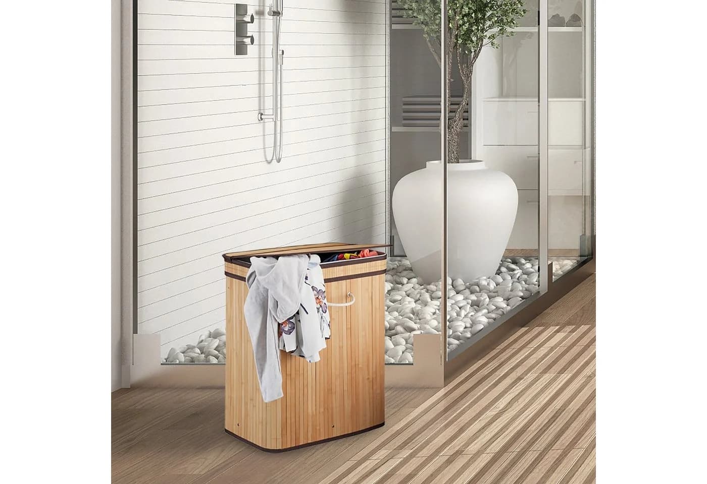 relaxdays Wäschesortierer Bambus 2-Kammer Wäschekorb Weiß - Bild 5